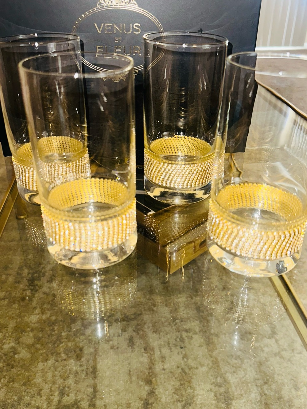 Set of 3 Clear Glass Vases with Gold Rhinestone Band